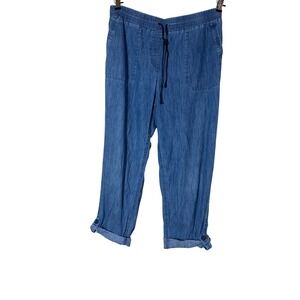 Talbots Womens Blue Cotton Chambray crop roll Pants Elastic Drawstring Waist L